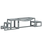 Grey wooden dog agility training set with bridge ramp, pause platform, and pet stairs