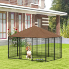 Outdoor dog playpen kennel with brown canopy, black wire enclosure and feed bowls