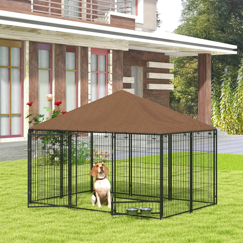 Outdoor dog playpen kennel with brown canopy, black wire enclosure and feed bowls