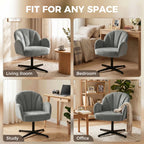 Grey shell-shaped swivel accent chair with curved arms and black metal base