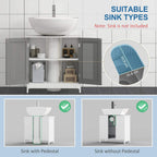 Grey under-sink cabinet with two doors open, showing shelves for bathroom storage.