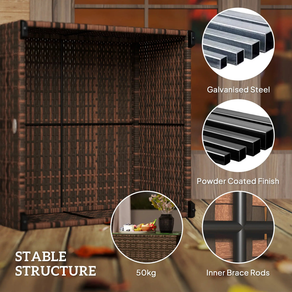 Outsunny 62 x 62cm Glass Top Rattan Side Table Brown