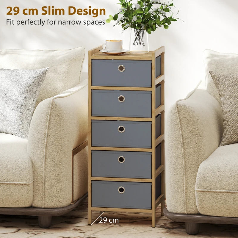 Slim narrow chest of drawers with five light grey fabric drawers and bamboo sides
