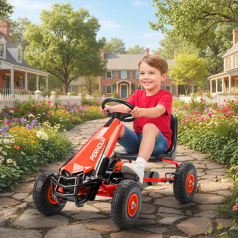 Red kids pedal go-kart with black seat and steering wheel, child riding outdoors.