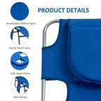 Blue fabric sun lounger with sturdy steel frame, head pillow, and side pocket