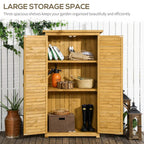 Wooden garden storage shed with open double doors and three shelves for tools, light wood