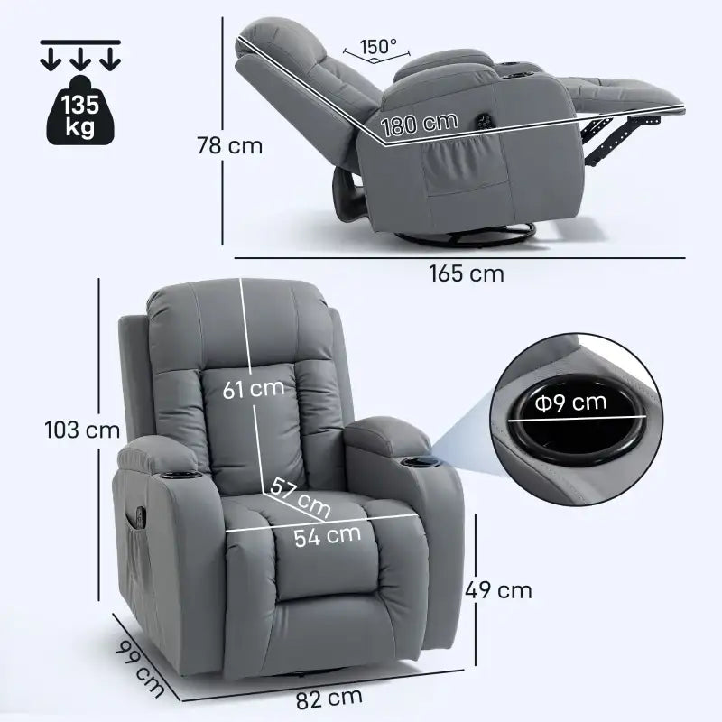 Grey massage recliner chair showing fully reclined position and side profile