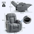 Grey massage recliner chair showing fully reclined position and side profile