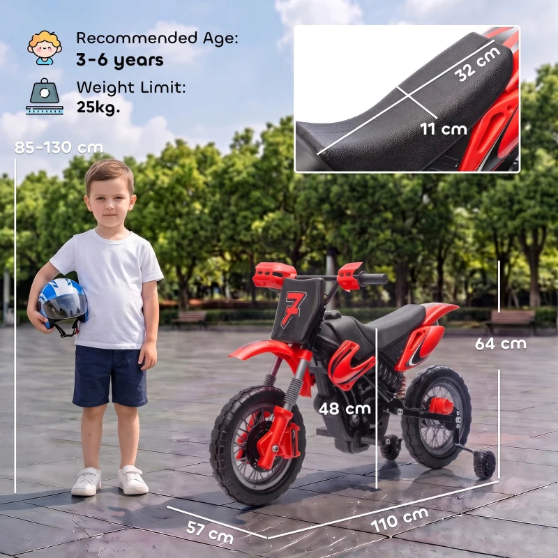 Red kids electric motorbike with dual suspension and rear wheel, shown with a riding child