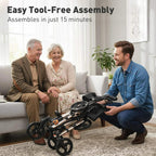 Rollator assembly with black seat and backrest, showing handle installation