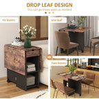 Folding dining table drop-leaf design with adjustable leaf sections and a storage cabinet base.