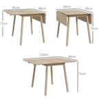 Natural wood drop-leaf dining table shown folded and partially expanded configurations