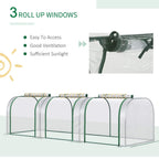 Clear PVC tunnel greenhouse with green steel frame, rolled-up window panels along the sides