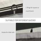 Black C rings and hook tabs for attaching light grey gazebo wall to frame slide rails