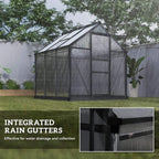 Grey polycarbonate greenhouse with integrated rain gutters along roof edges