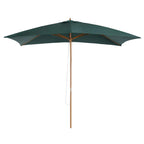 Green garden parasol with open canopy and light wood central pole