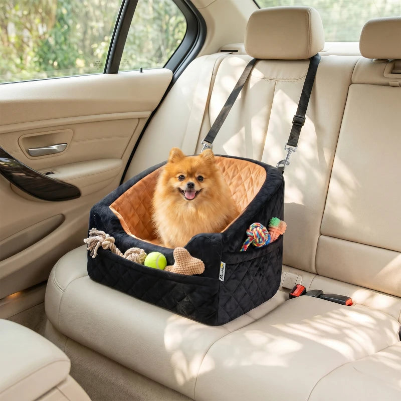 Brown and black dog car booster seat with quilted cushion and front organizer pocket