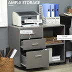 Grey storage cabinet with 3 drawers and open compartments, styled as a desk-side unit.