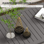 Outdoor coffee table with dark slatted tabletop and wood-grain effect, aluminum frame
