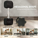 Black hex rubber dumbbells with chrome handle; hex shape helps prevent rolling