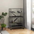 Grey wire small animal cage with hanging hammock and ramps, on rolling wheels.