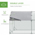 Water-resistant fabric cover for galvanised chicken run, attached with metal clips