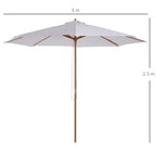 Cream market parasol with wooden center pole and rope pulley, fully open canopy