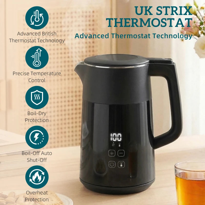 Black electric kettle with LED temperature display and UK Strix thermostat