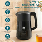 Black electric kettle with LED temperature display and UK Strix thermostat