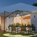 Dark grey cantilever parasol over outdoor seating, open canopy on cantilever arm