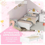 White unicorn toddler bed with headboard and child-friendly side rails