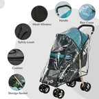 Pet stroller feature callouts: mesh window, rain cover, safety leash, cushion, basket