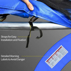 Blue trampoline pad with black tie straps for securing to the frame
