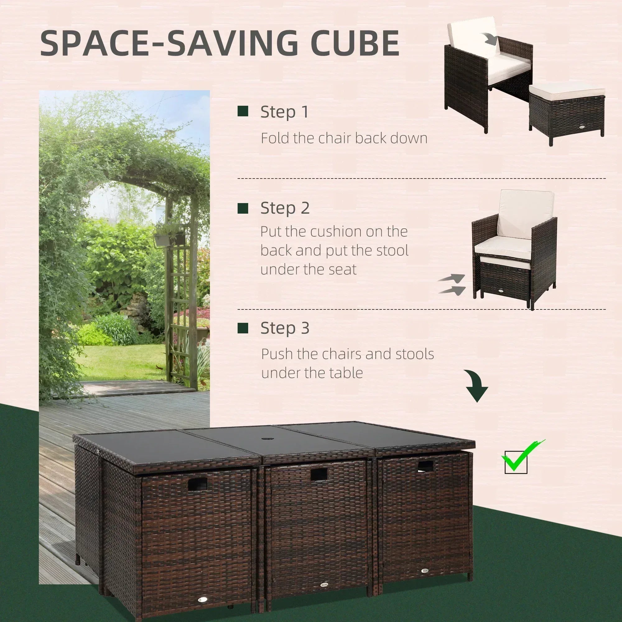 10 Seater Rattan Cube Garden Furniture Set with Parasol Hole, Rattan Dining Set with Cushions, Outdoor Dining Table and Chairs with Rectangular Glass Top Table for Patio, Mixed Brown - Bobobiy