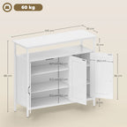 White sideboard with open center shelf and cabinet compartments with adjustable interiors