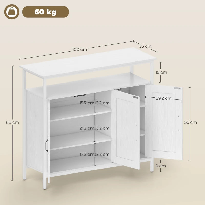 White sideboard with open center shelf and cabinet compartments with adjustable interiors