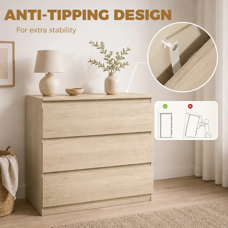 Oak 3-drawer chest with anti-tipping bracket detail at the back underside.