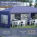 Blue pop-up gazebo tent with white window panels, with ropes and ground stakes shown