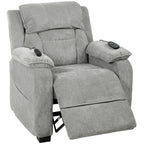 Light grey upholstered power recliner armchair with padded armrests and extended footrest
