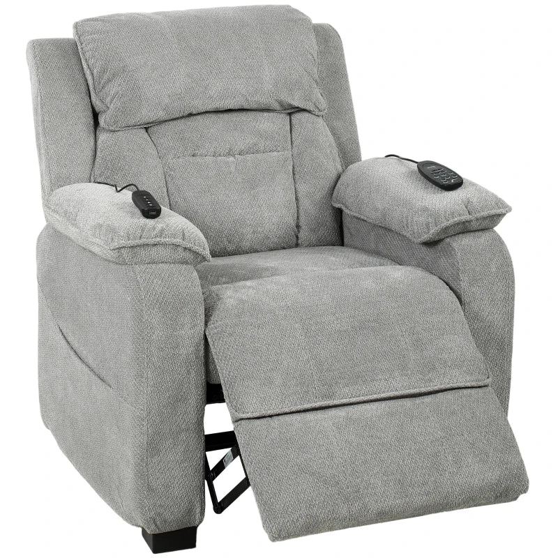 Light grey upholstered power recliner armchair with padded armrests and extended footrest
