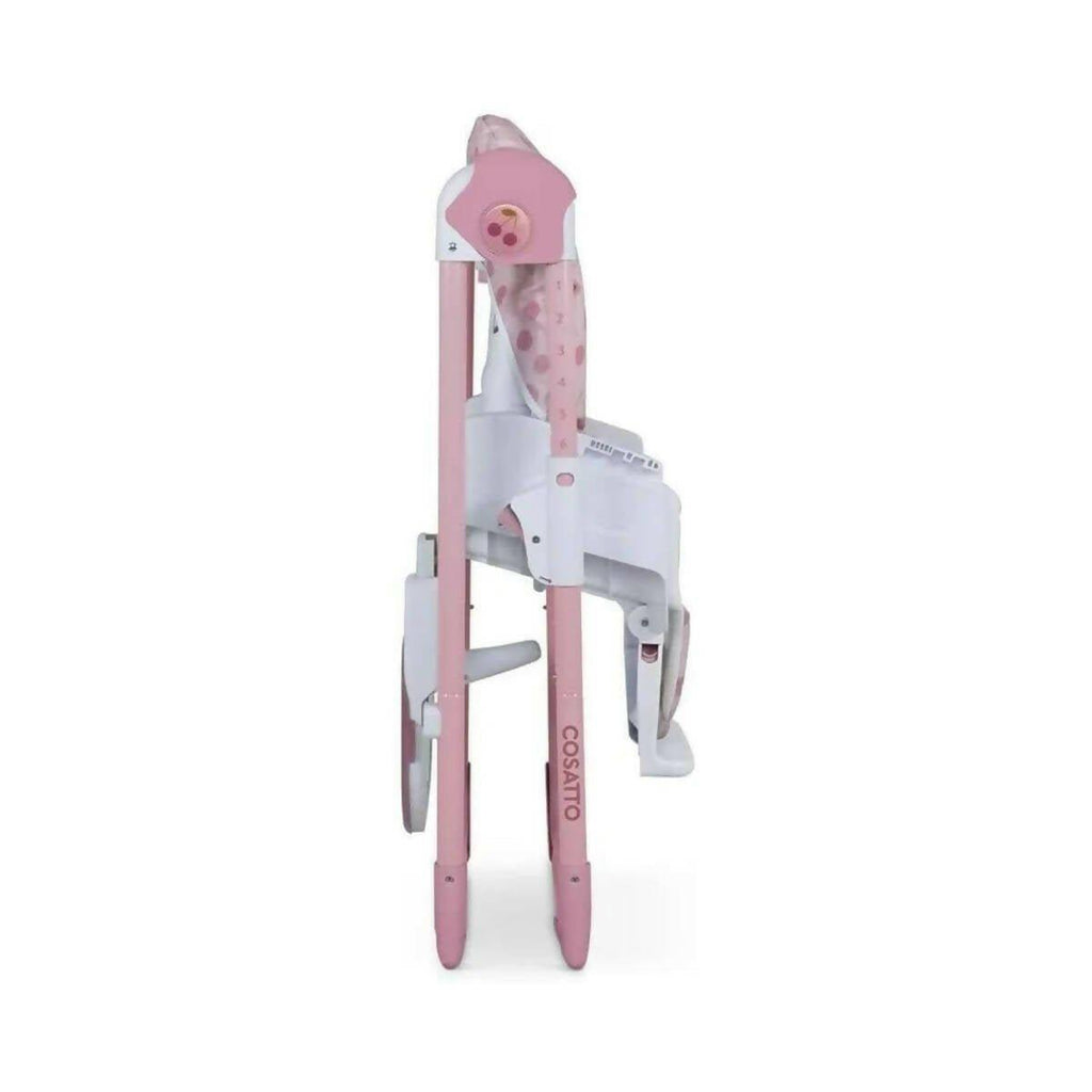 Pink infant highchair in side view with cushioned back and white safety tray