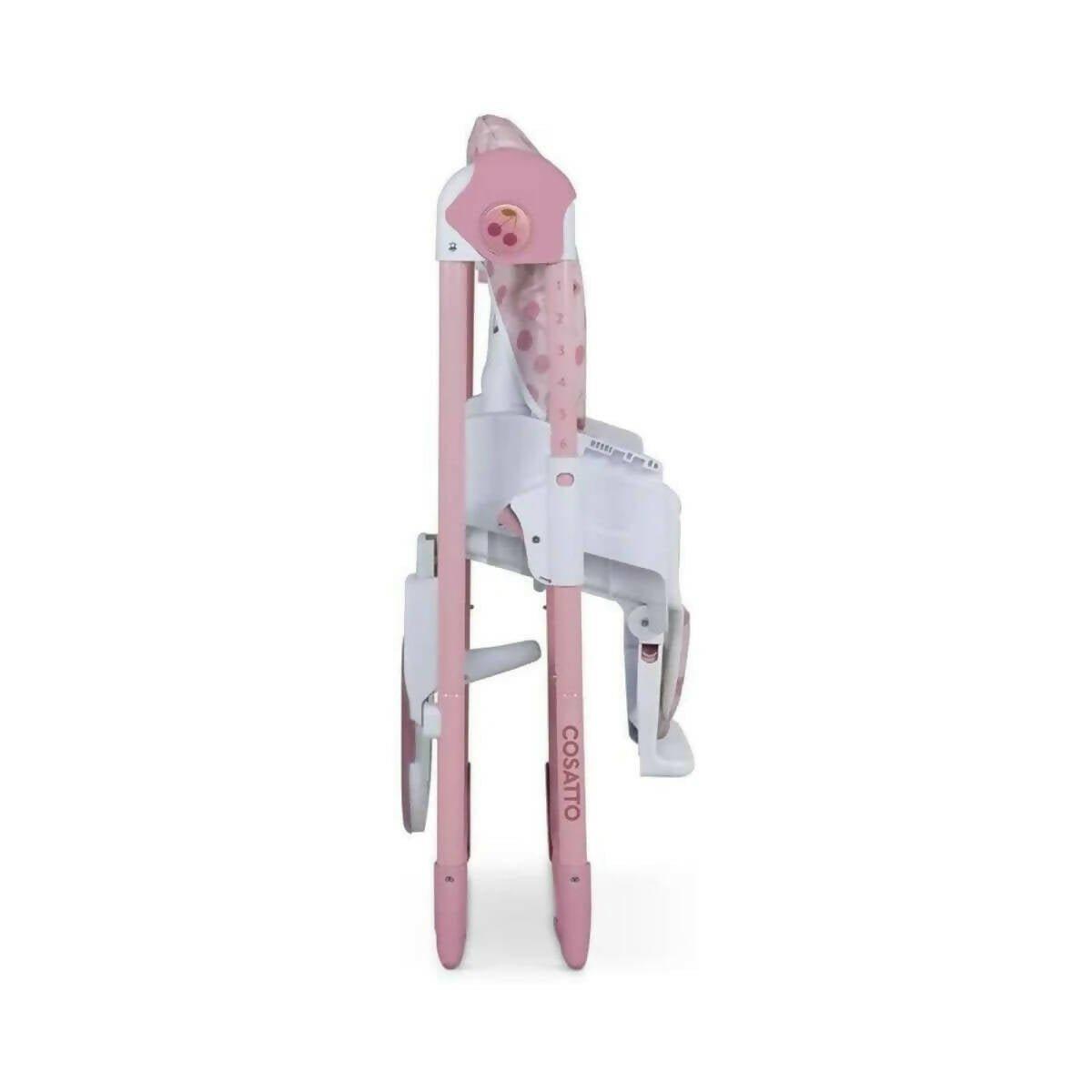 Pink infant highchair in side view with cushioned back and white safety tray