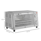 Silver mini oven dimensions view, glass door and right-side control knobs shown.