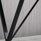 Black steel legs forming an X shape beneath the white wood-effect tabletop
