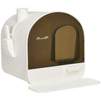 White hooded cat litter box with side scoop holder and front flap door