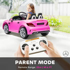 Pink kids electric ride-on car with parent remote controller and child seated