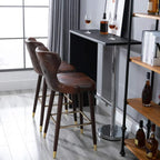 Brown PU leather bar stool with backrest, gold footrest, and wood legs