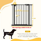 Black safety gate with vertical bars shown with height and width guide.
