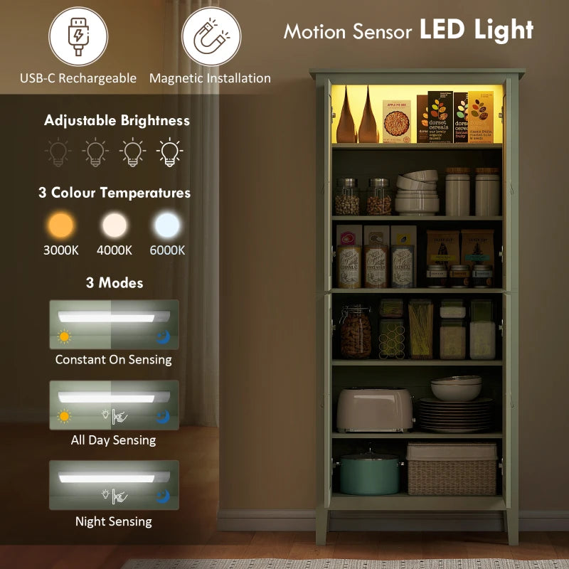 Green pantry cupboard interior with motion sensor LED light and adjustable brightness modes.