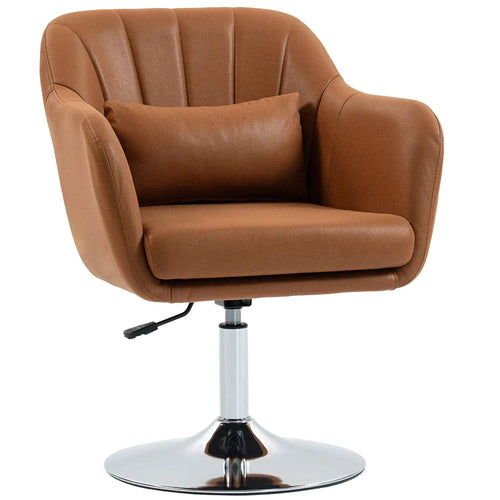 Brown microfibre swivel accent chair with padded arms and round chrome base